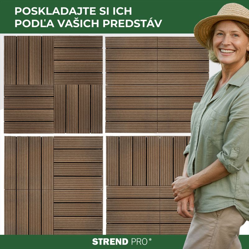 Set dale pentru terasă cu efect lemn WPC, 31x31 cm, 9 piese, maro-gri