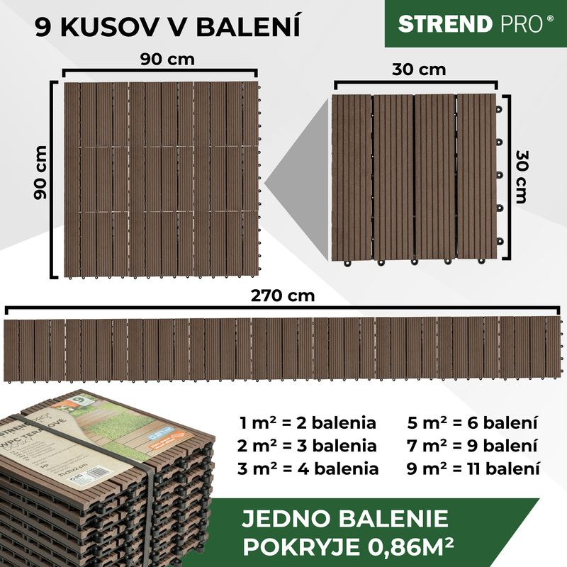 Set dale pentru terasă cu efect lemn WPC, 31x31 cm, 9 piese, maro-gri