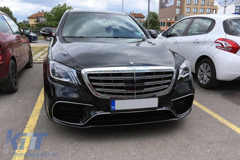 Un pachet de design tip S63 potrivit pentru Mercedes S W222 2013-2017 cu faruri, stopuri, grilă, praguri pentru ampatament lung Performance AutoTuning