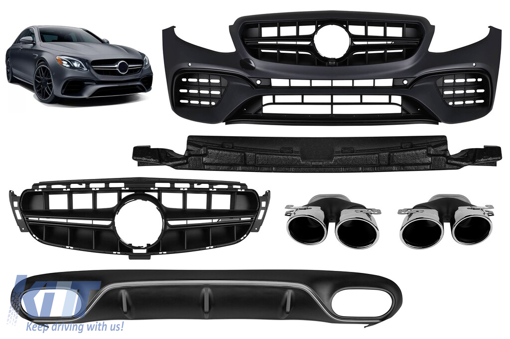 Un pachet de design tip E53 potrivit pentru Mercedes E-Class C238 coupe, A238 cabrio 2017-2019 cu capete cromate și garnitură cromată, pentru modelul cu bara de protecție sport A Design spate. Performance AutoTuning