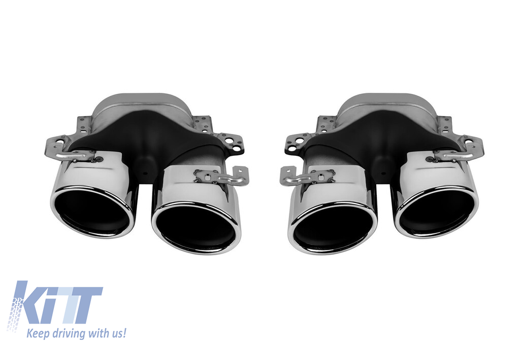 Un pachet de design tip E53 potrivit pentru Mercedes E-Class C238 coupe, A238 cabrio 2017-2019 cu capete cromate și garnitură cromată, pentru modelul cu bara de protecție sport A Design spate. Performance AutoTuning