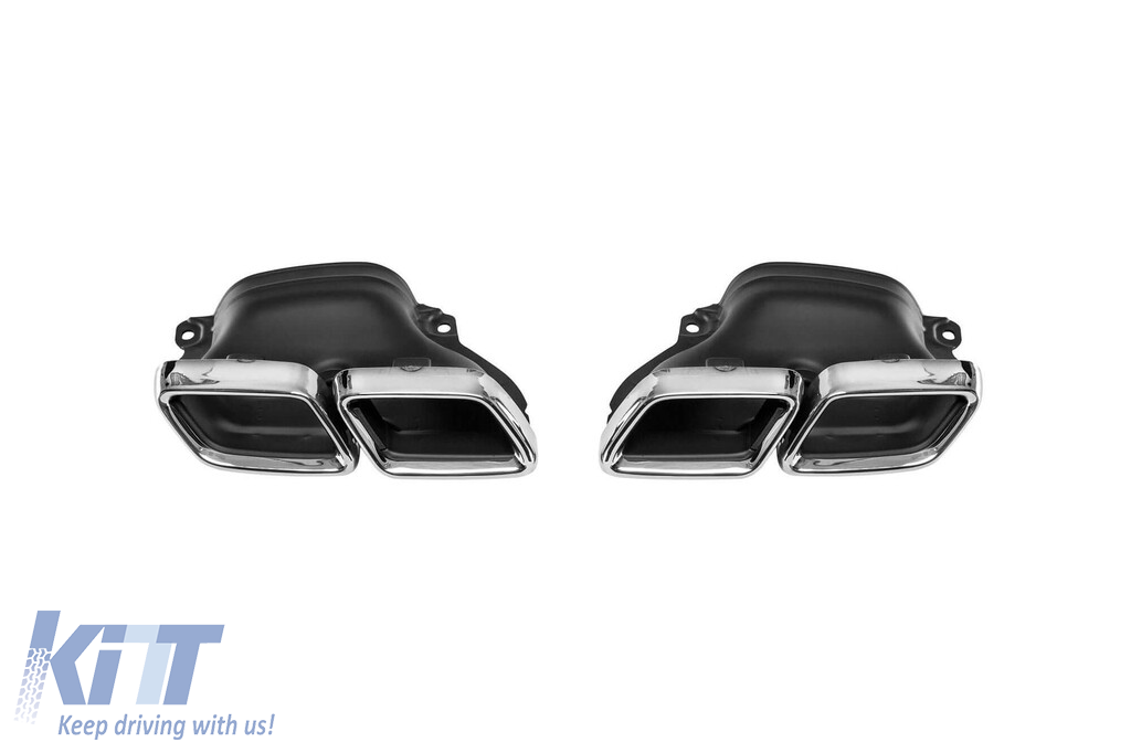 Un pachet de design tip E63 potrivit pentru Mercedes E-Class W213 2016-2019 cu capete cromate și garnitură cromată, pentru modelul cu bara de protecție din spate standard. Performance AutoTuning