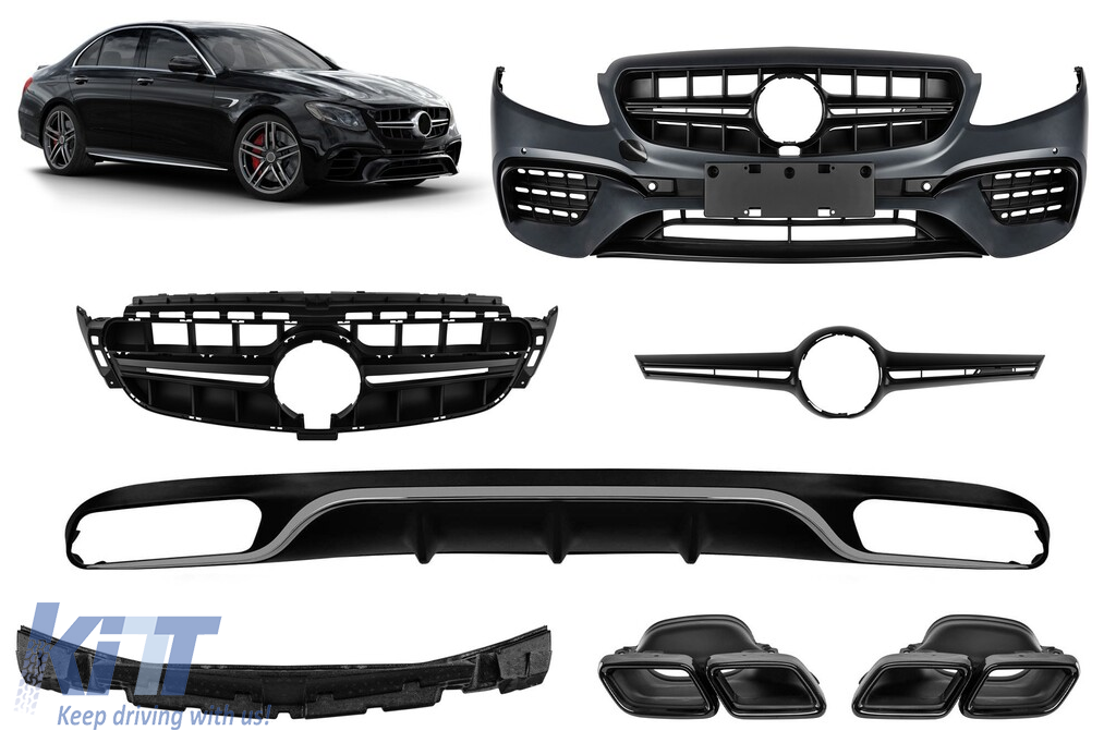 Un pachet de design tip E63 potrivit pentru Mercedes E-Class W213 2016-2019 cu ieșiri de evacuare negre și garnitură cromată, pentru modelul cu bara de protecție standard spate. Performance AutoTuning