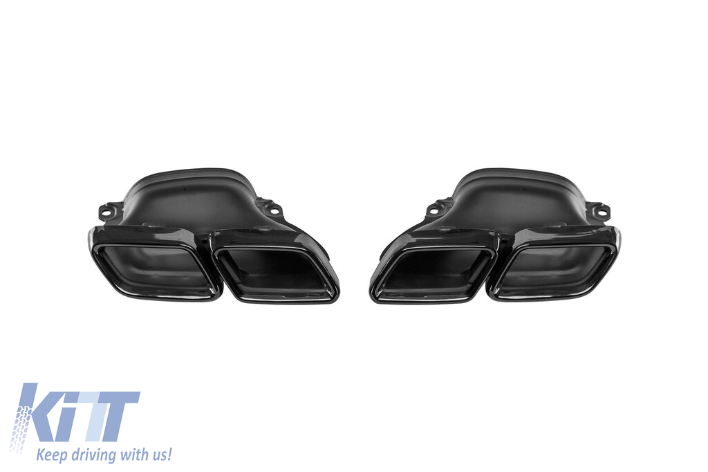 Un pachet de design tip E63 potrivit pentru Mercedes E-Class W213 2016-2019 cu ieșiri de evacuare negre și garnitură cromată, pentru modelul cu bara de protecție standard spate. Performance AutoTuning