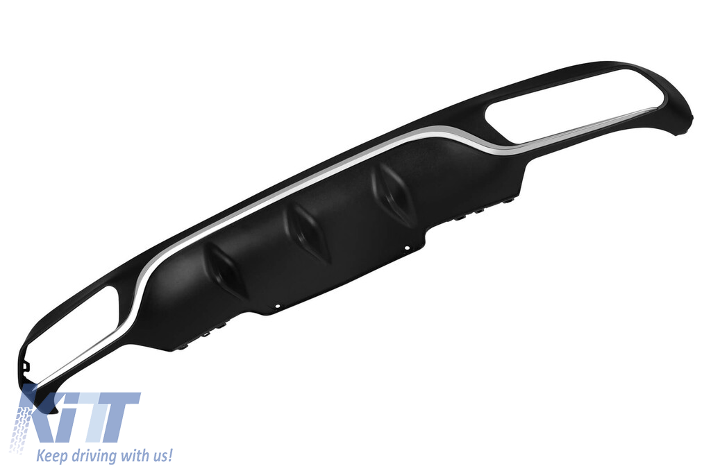 Un pachet de design tip E63 potrivit pentru Mercedes E-Class W213 2016-2019 cu ieșiri de evacuare negre și garnitură cromată, pentru modelul cu bara de protecție standard spate. Performance AutoTuning