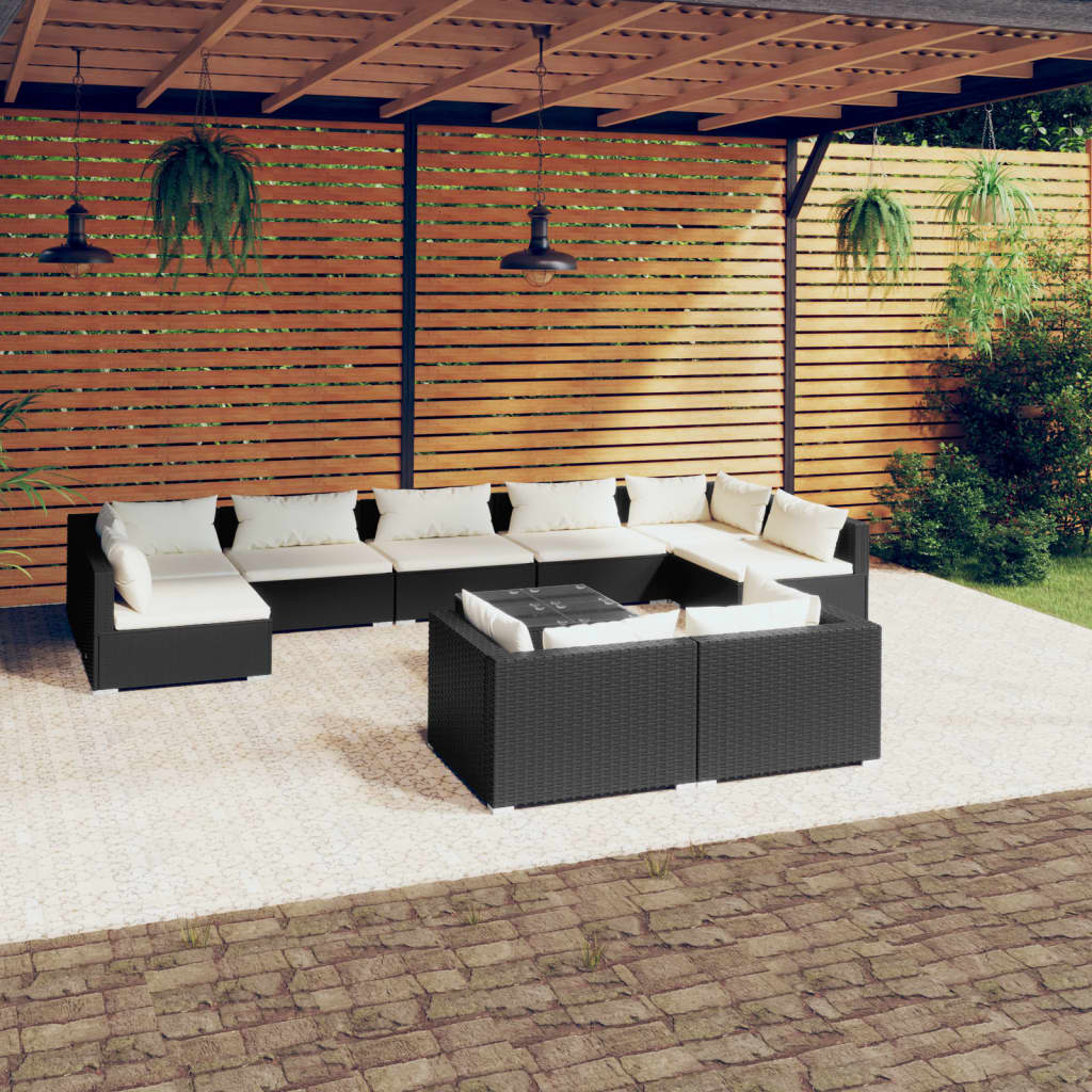 Set mobilier de grădină cu perne, 10 piese, negru, poliratan GartenMobel Dekor