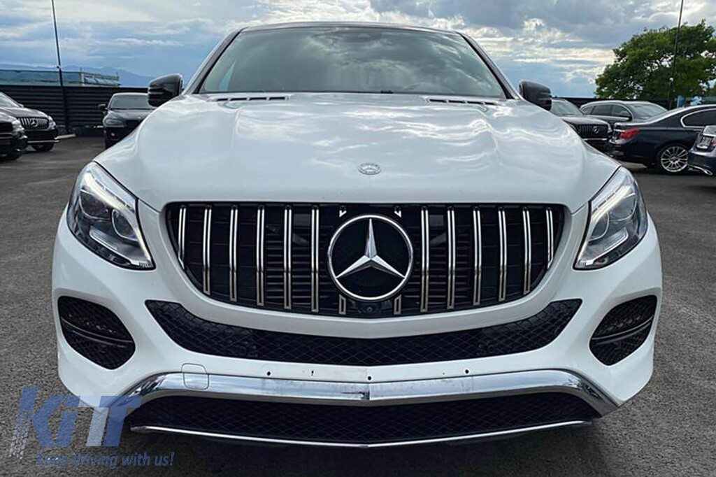 Grilă tip GT crom/neagră potrivită pentru Mercedes GLE SUV W166, GLE Coupe C292 2015-2019 cu deschidere pentru cameră Performance AutoTuning