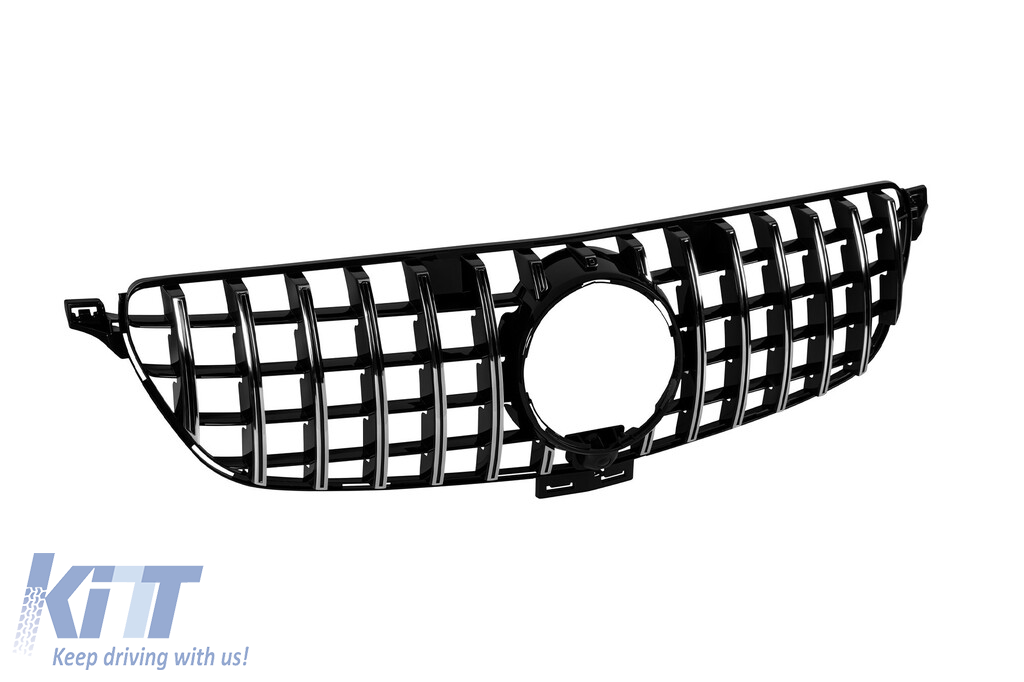 Grilă tip GT crom/neagră potrivită pentru Mercedes GLE SUV W166, GLE Coupe C292 2015-2019 cu deschidere pentru cameră Performance AutoTuning