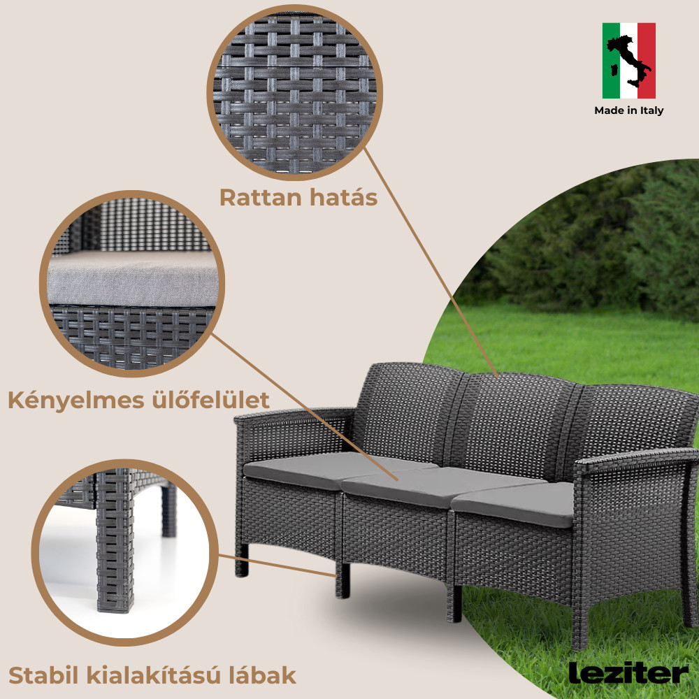 Canapea de grădină Venus cu 3 locuri și perne, grafit, efect ratan