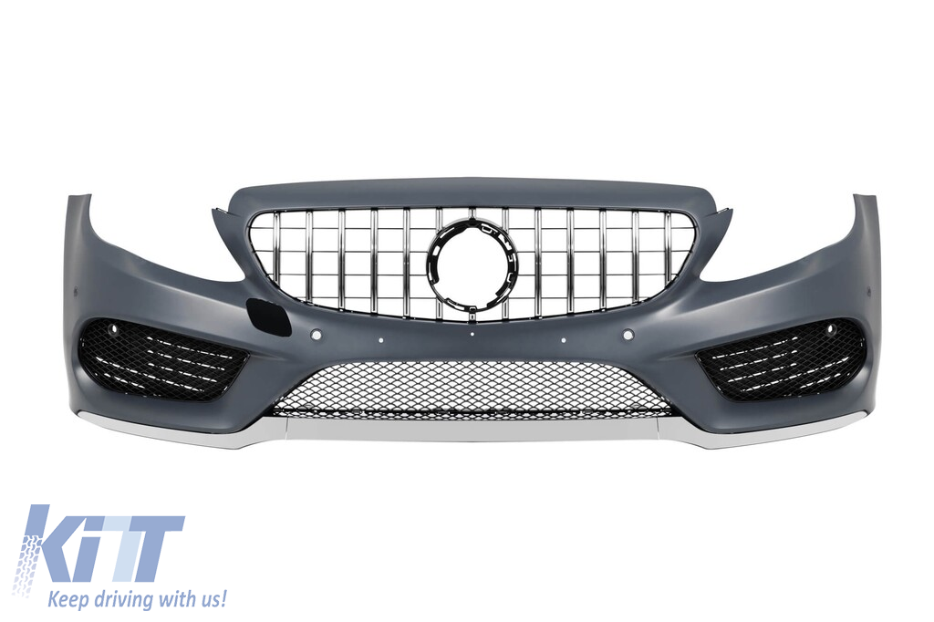 Bumper frontal A Design Line potrivit pentru Mercedes C-Class W205 sedan, S205 break 2013-2018 cu grilaj GT crom/negru Performance AutoTuning