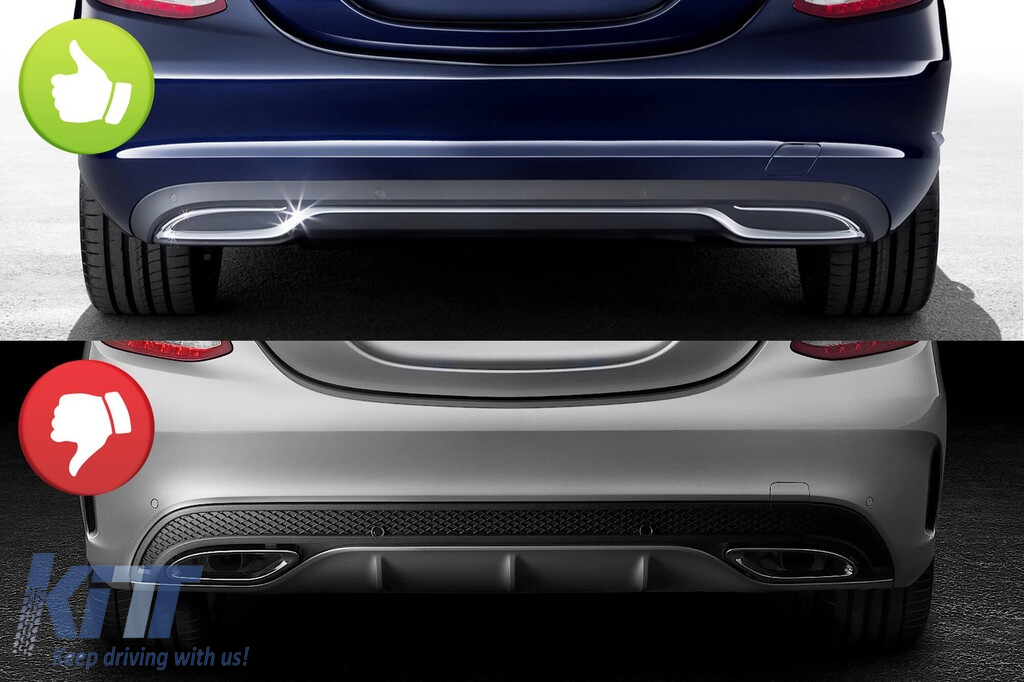 Difuzor tip C63 cu capete cromate potrivit pentru bara spate standard pentru Mercedes Clasa C W205 sedan, S205 break 2013-2019 -oo--oo-, cu garnitură cromată Performance AutoTuning