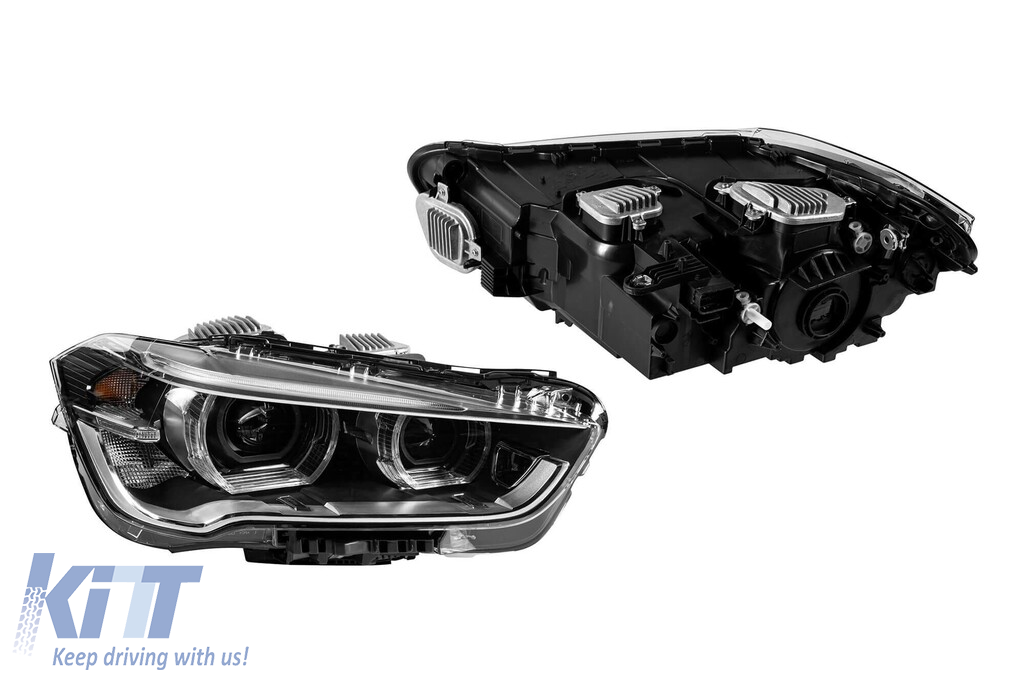 Kit de faruri LED de tuning potrivit pentru BMW X1 F48 după 2015, cu bază neagră, pentru modelul cu faruri halogen Performance AutoTuning