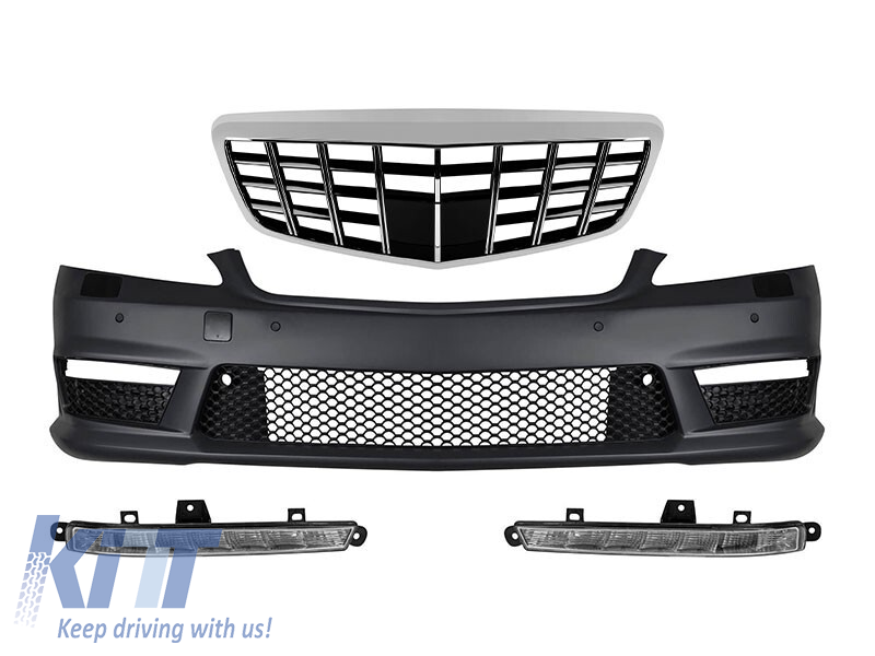 Bumper frontal A Design tip S63, S65 cu grilă Brabus crom/negru, potrivit pentru Mercedes S-Class W221 2006-2013 cu lumini de zi Performance AutoTuning