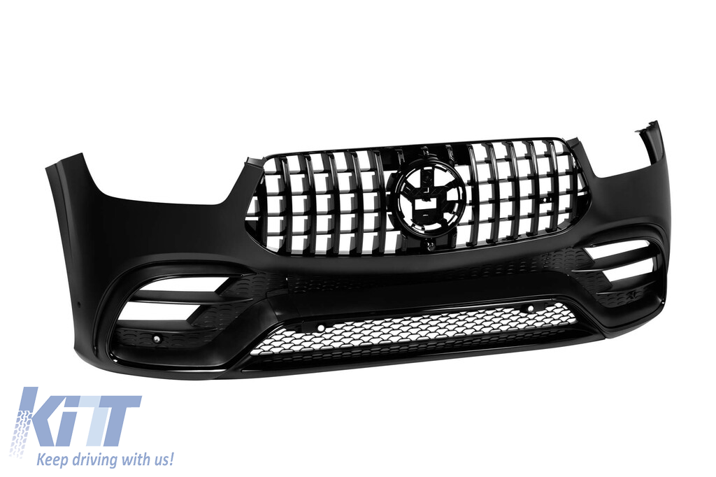 Un pachet de design tip GLE63 potrivit pentru Mercedes GLE SUV W167 2018-2023, cu elemente din lac negru, faruri LED și stopuri LED Performance AutoTuning