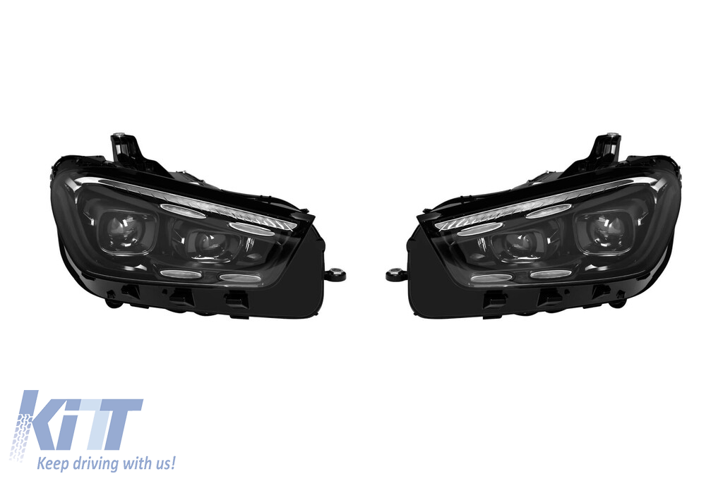 Un pachet de design tip GLE63 potrivit pentru Mercedes GLE SUV W167 2018-2023, cu elemente din lac negru, faruri LED și stopuri LED Performance AutoTuning