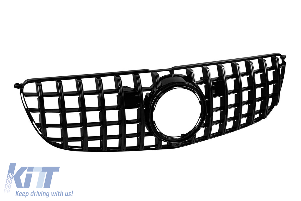 Grilaj tip GT vopsit negru, potrivit pentru Mercedes GLS X166 2016-2019, cu deschidere pentru cameră - clips defect (lipit) Performance AutoTuning