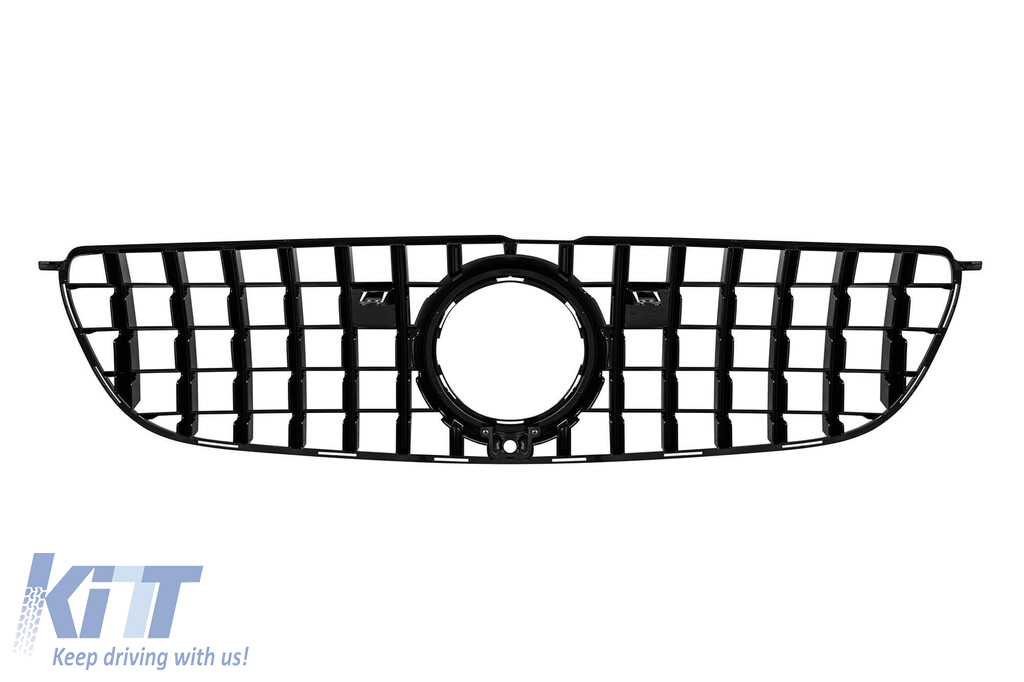 Grilaj tip GT vopsit negru, potrivit pentru Mercedes GLS X166 2016-2019, cu deschidere pentru cameră - clips defect (lipit) Performance AutoTuning