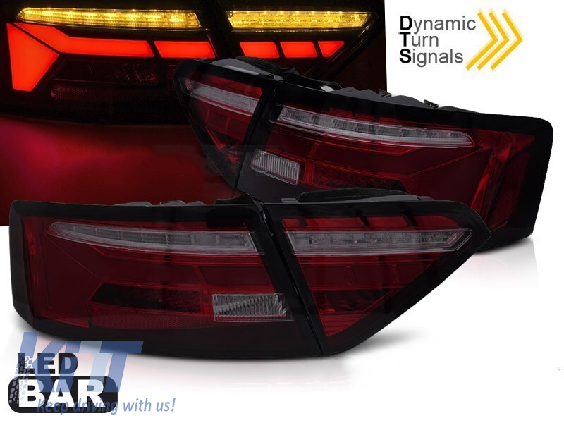 Set de stopuri LED de tuning potrivit pentru Audi A5 2011-2016 cu bază fumurie roșie, cu semnalizator dinamic, stânga și dreapta Performance AutoTuning