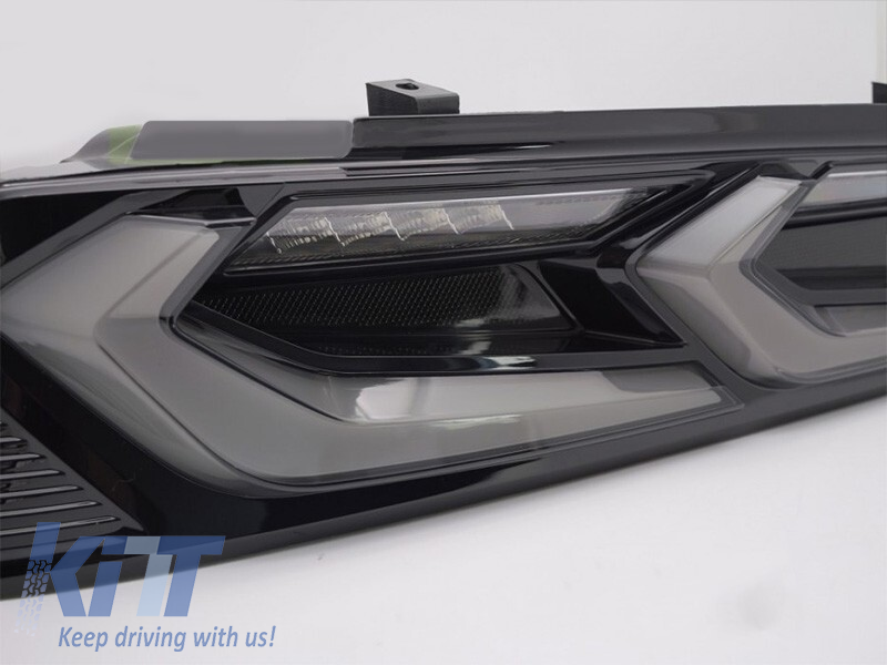 Set de stopuri LED de tuning potrivit pentru Chevrolet Camaro 2016-2018, cu semnal de întoarcere dinamic, bază fumurie neagră, stânga și dreapta Performance AutoTuning