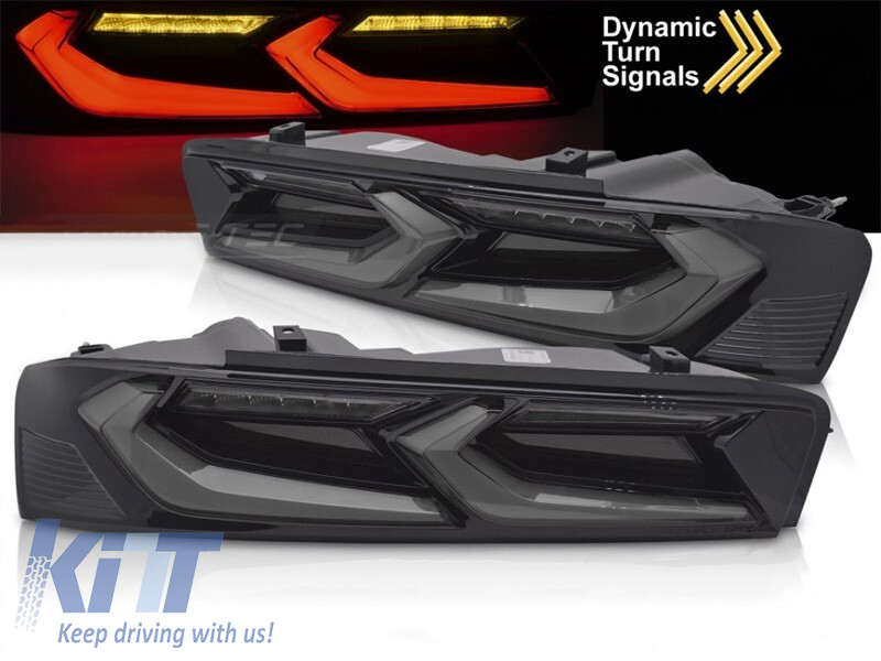 Set de stopuri LED de tuning potrivit pentru Chevrolet Camaro 2016-2018, cu semnal de întoarcere dinamic, bază fumurie neagră, stânga și dreapta Performance AutoTuning