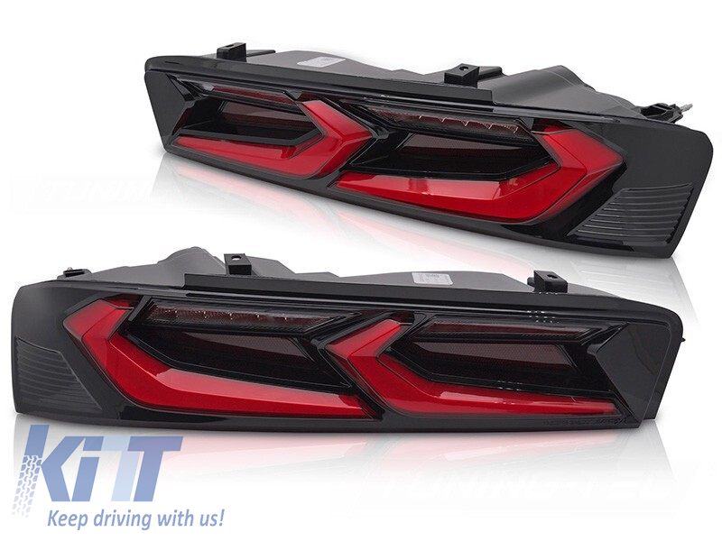 Set de stopuri LED de tuning potrivit pentru Chevrolet Camaro 2016-2018, cu semnalizare dinamică, bază negru-roșie, stânga și dreapta Performance AutoTuning