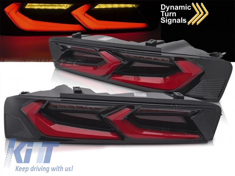 Set de stopuri LED de tuning potrivit pentru Chevrolet Camaro 2016-2018, cu semnalizare dinamică, bază negru-roșie, stânga și dreapta Performance AutoTuning