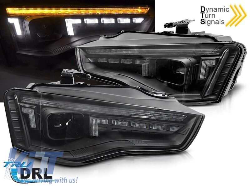 Set de faruri de tuning potrivit pentru Audi A5 2011-2016 cu bază neagră, pentru modelul cu lumini DRL din fabrică, cu semnalizatoare dinamice, stânga și dreapta Performance AutoTuning