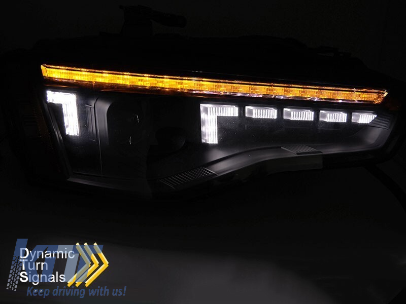 Set de faruri de tuning potrivit pentru Audi A5 2011-2016 cu bază neagră, pentru modelul cu lumini DRL din fabrică, cu semnalizatoare dinamice, stânga și dreapta Performance AutoTuning