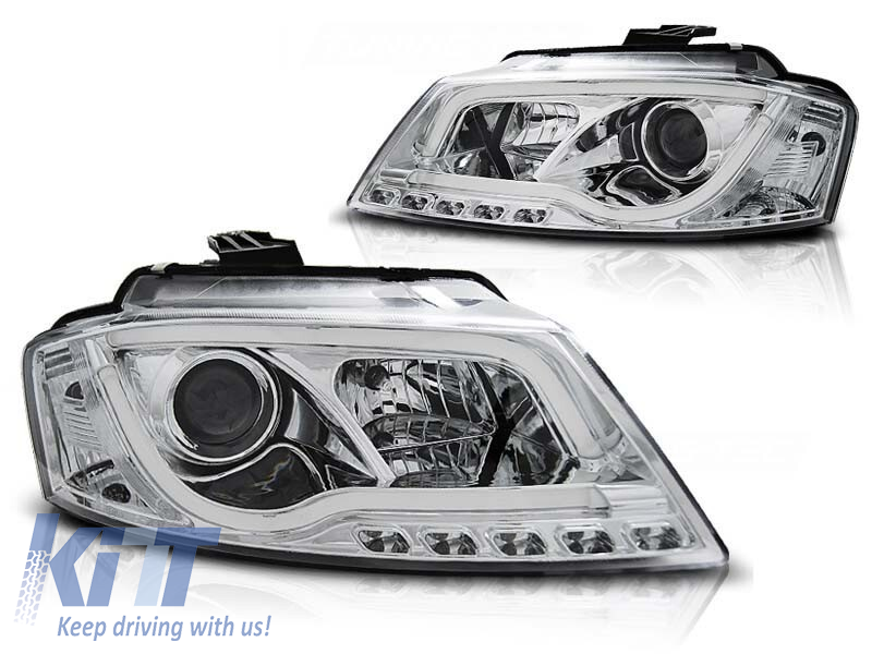 Set de faruri tuning cu lumini DRL reale, potrivit pentru Audi A3 8P 2008-2012 3D/5D, stânga și dreapta Performance AutoTuning