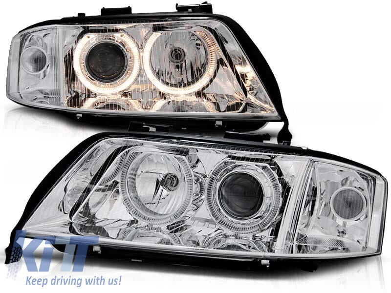 Set de faruri tuning cu ochi de înger halogen, potrivit pentru Audi A6 C5 06.2001-05.2004 sedan/combinate, stânga și dreapta Performance AutoTuning