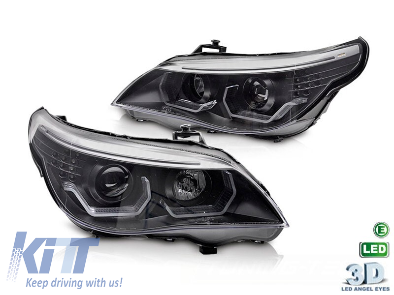 Kit de faruri tuning cu ochi de înger LED 3D, potrivit pentru BMW Seria 5 E60 sedan, E61 touring 2003-2007 cu bază neagră, stânga și dreapta, pentru modelul cu faruri halogen. Performance AutoTuning