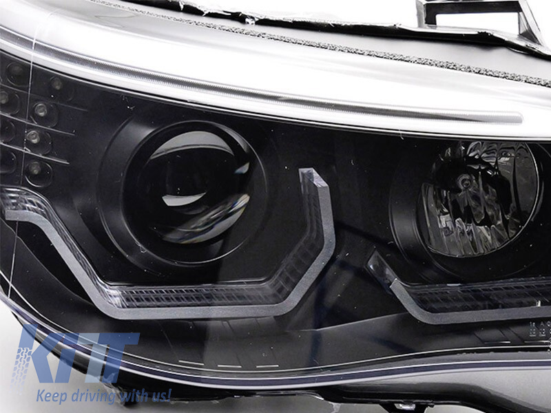 Kit de faruri tuning cu ochi de înger LED 3D, potrivit pentru BMW Seria 5 E60 sedan, E61 touring 2003-2007 cu bază neagră, stânga și dreapta, pentru modelul cu faruri halogen. Performance AutoTuning