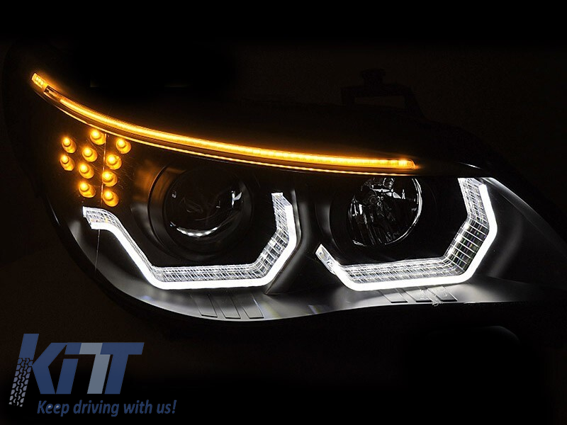 Kit de faruri tuning cu ochi de înger LED 3D, potrivit pentru BMW Seria 5 E60 sedan, E61 touring 2003-2007 cu bază neagră, stânga și dreapta, pentru modelul cu faruri halogen. Performance AutoTuning