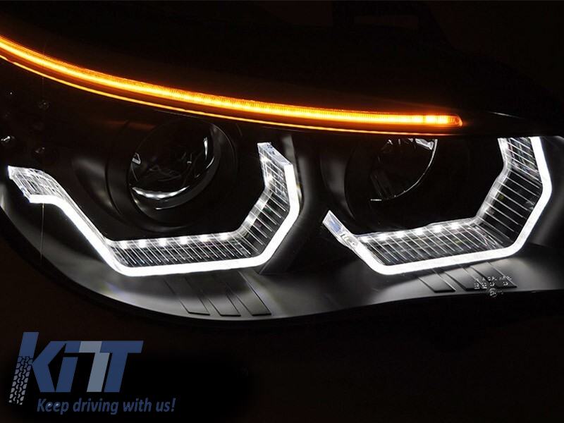 Kit de faruri tuning cu ochi de înger LED 3D, potrivit pentru BMW Seria 5 E60 sedan, E61 touring 2003-2007 cu bază neagră, stânga și dreapta, pentru modelul cu faruri halogen. Performance AutoTuning