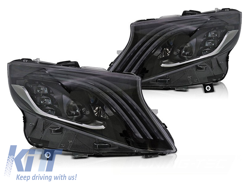 SET FARURI LED TUNING potrivit pentru MERCEDES V CLASS W447 VITO 2014-2023 cu BAZĂ NEAGRĂ, pentru modelul cu LAMPI HALOGENE DIN FABRICĂ, cu SEMNALE DE ÎNTORS DINAMICE, cu FUNCȚIE