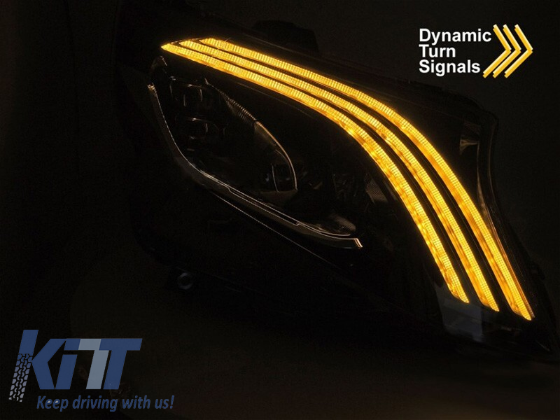 SET FARURI LED TUNING potrivit pentru MERCEDES V CLASS W447 VITO 2014-2023 cu BAZĂ NEAGRĂ, pentru modelul cu LAMPI HALOGENE DIN FABRICĂ, cu SEMNALE DE ÎNTORS DINAMICE, cu FUNCȚIE