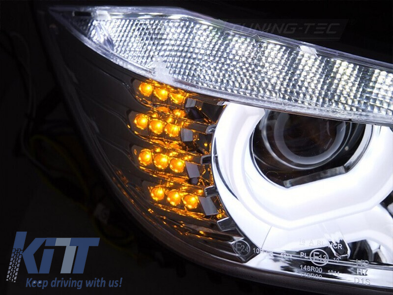 Set de faruri LED de tuning potrivit pentru BMW Seria 3 F30 sedan, F31 touring 10.2011-05.2015 cu bază cromată, stânga și dreapta Performance AutoTuning