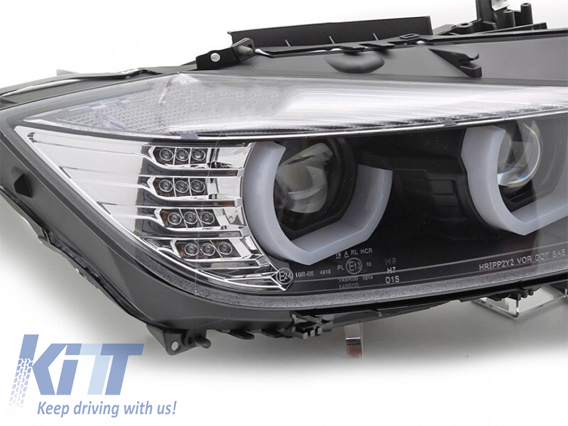 Set de faruri LED de tuning potrivit pentru BMW Seria 3 F30 sedan, F31 touring 10.2011-05.2015 cu bază neagră, stânga și dreapta Performance AutoTuning