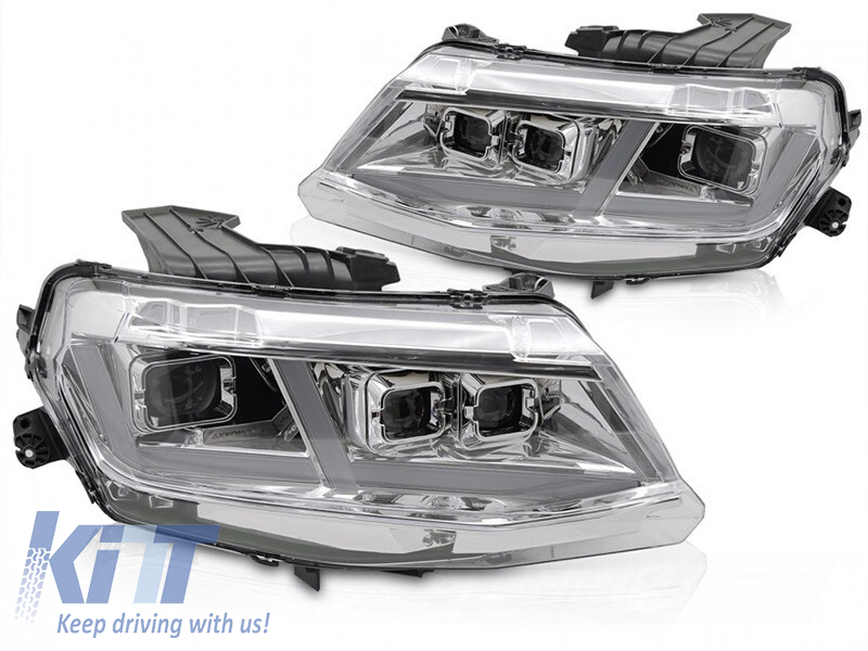 Set de faruri LED de tuning potrivit pentru Chevrolet Camaro 2016-2018 cu bază cromată, cu semnale de întoarcere dinamice, pentru modelul cu lumini DRL de fabrică, stânga și dreapta Performance AutoTuning