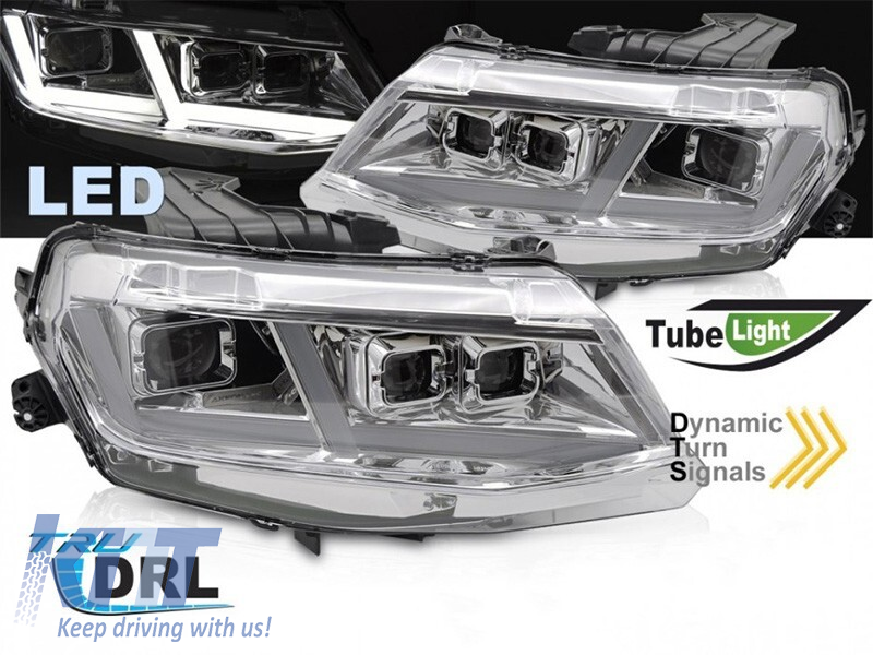 Set de faruri LED de tuning potrivit pentru Chevrolet Camaro 2016-2018 cu bază cromată, cu semnale de întoarcere dinamice, pentru modelul cu lumini DRL de fabrică, stânga și dreapta Performance AutoTuning