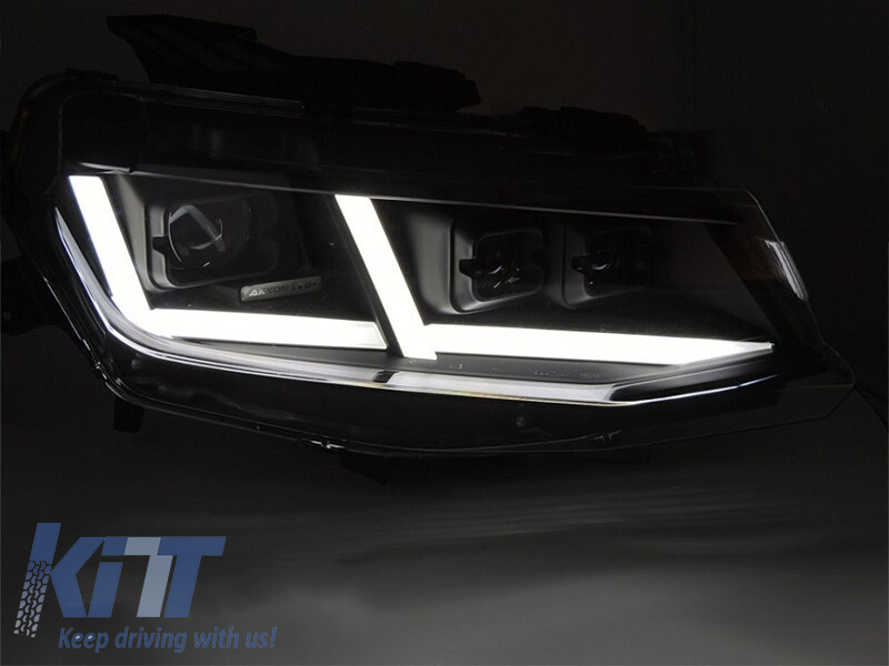 Set de faruri LED de tuning potrivit pentru Chevrolet Camaro 2016-2018 cu bază neagră, cu semnalizatoare dinamice, pentru modelul cu lumini DRL de fabrică, stânga și dreapta Performance AutoTuning