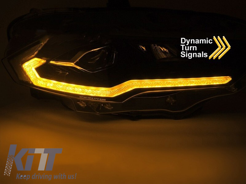 Set de faruri LED de tuning potrivit pentru Ford Mustang 2018-2021 cu bază neagră, cu semnalizatoare dinamice, pentru modelul cu lumini DRL de fabrică, cu funcția