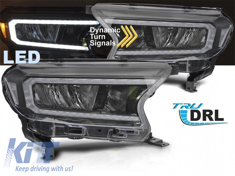 Set de faruri LED de tuning potrivit pentru Ford Ranger 2016-2022 cu bază neagră, cu semnale de întoarcere dinamice, pentru modelul cu lumini DRL din fabrică, stânga și dreapta Performance AutoTuning