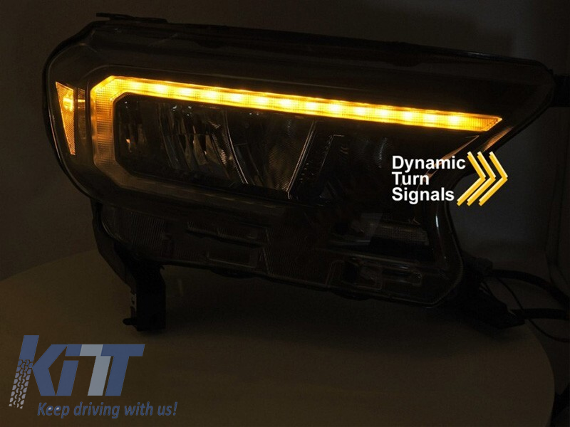 Set de faruri LED de tuning potrivit pentru Ford Ranger 2016-2022 cu bază neagră, cu semnale de întoarcere dinamice, pentru modelul cu lumini DRL din fabrică, stânga și dreapta Performance AutoTuning