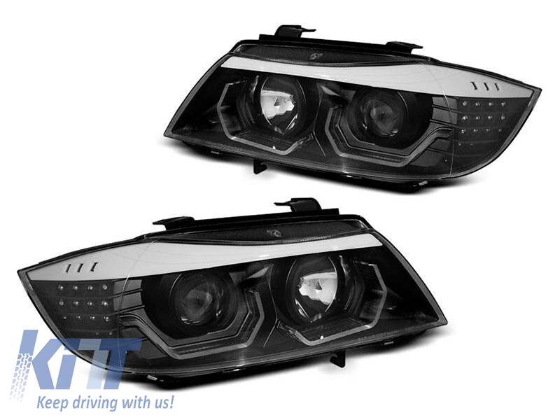 Set de faruri de tuning potrivit pentru BMW Seria 3 E90/E91 2005-2008 cu bază neagră, stânga și dreapta Performance AutoTuning