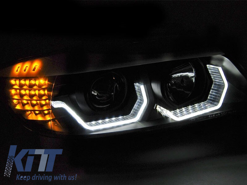 Set de faruri de tuning potrivit pentru BMW Seria 3 E90/E91 2005-2008 cu bază neagră, stânga și dreapta Performance AutoTuning