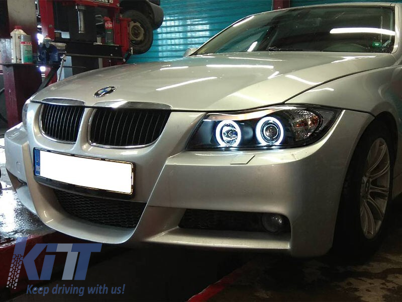 Set de faruri tuning cu ochi de înger CCFL, potrivit pentru BMW 3 E90/E91 03.2005-08.2008, stânga și dreapta Performance AutoTuning