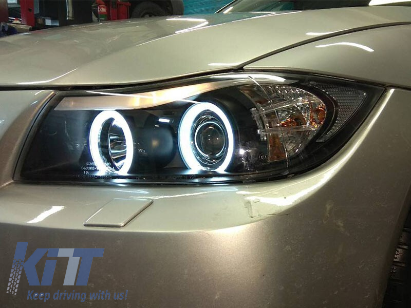 Set de faruri tuning cu ochi de înger CCFL, potrivit pentru BMW 3 E90/E91 03.2005-08.2008, stânga și dreapta Performance AutoTuning