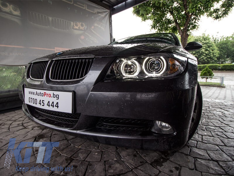 Set de faruri tuning cu ochi de înger LED, potrivit pentru BMW 3 E90/E91 03.2005-08.2008, stânga și dreapta Performance AutoTuning
