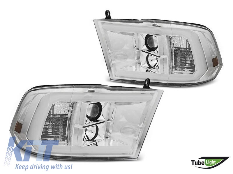 Set de faruri tuning potrivit pentru Dodge Ram 2009-2018 cu bază cromată, stânga și dreapta Performance AutoTuning